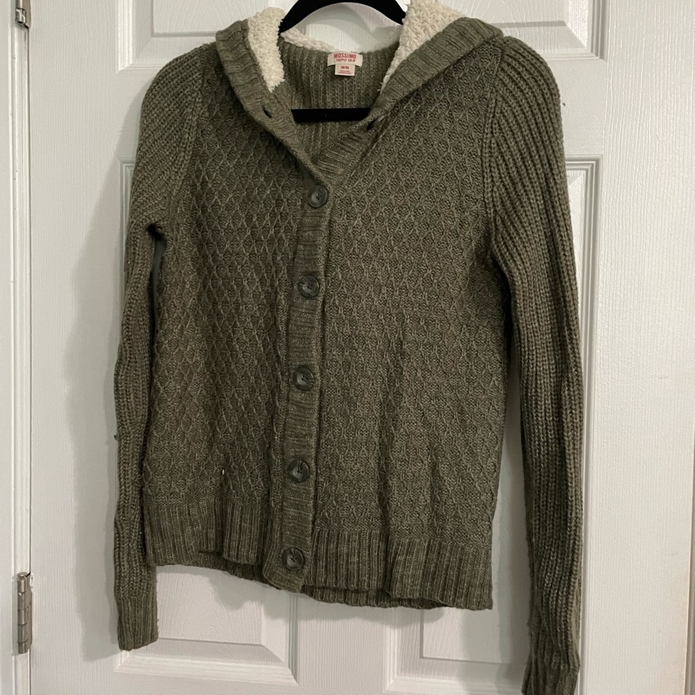 Women’s Green Button Up Sweater Cardigan with Fur Lined Hood